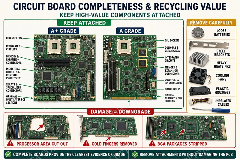 CIRCUIT BOARD COMPLETENESS & RECYCLING VALUEKEEP HIGH VALUE COMPONENTS ATTACHED