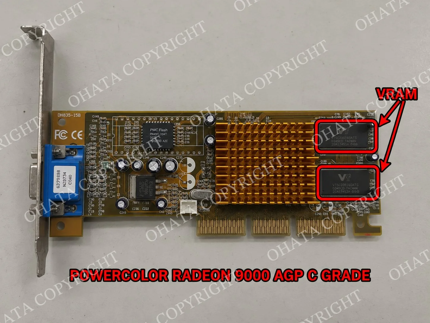 PowerColor Radeon 9000 AGP graphics card with heatsink, VRAM chips, gold-plated contacts, and VGA output visible.