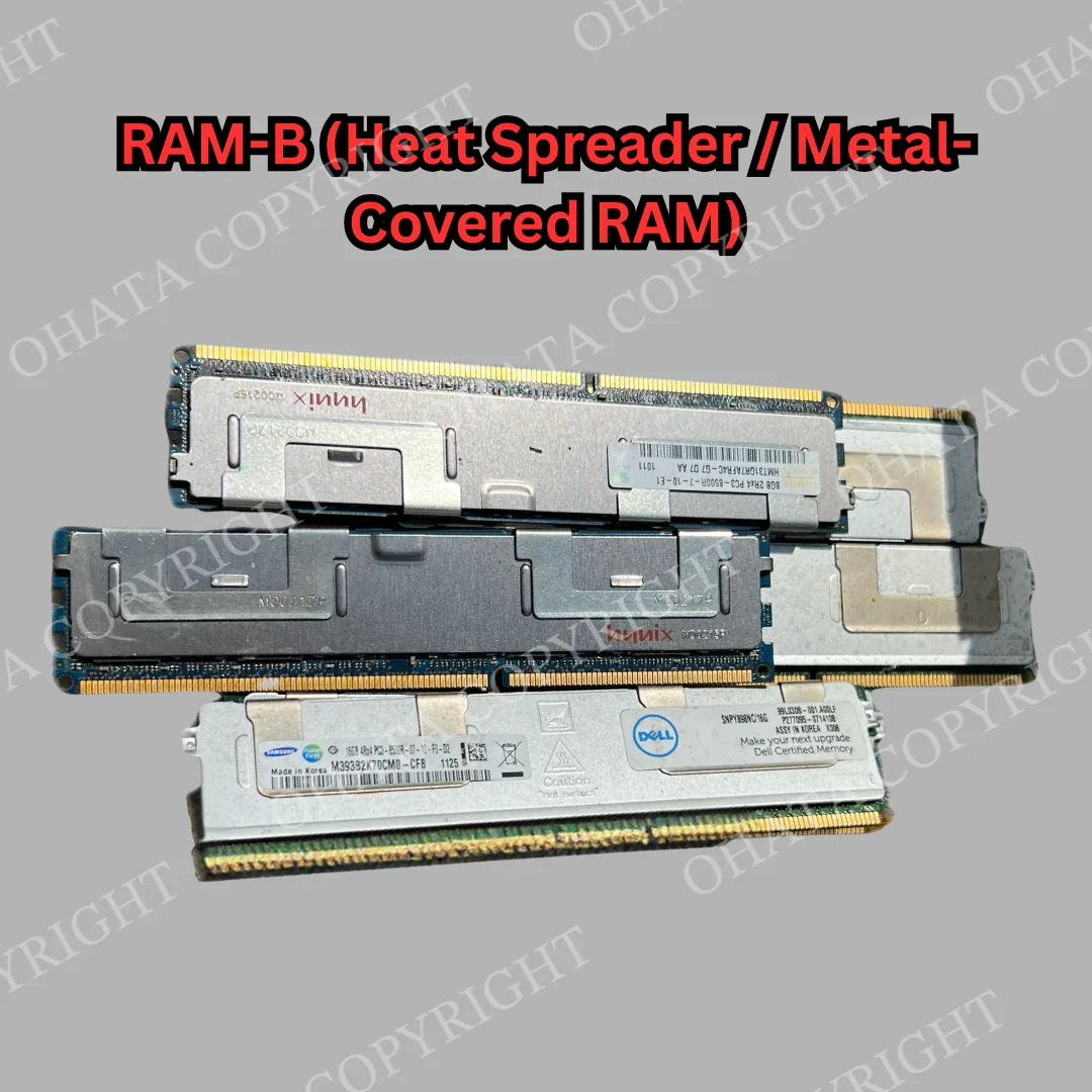 RAM modules covered by metal heat spreaders with gold-plated connector contacts visible along the lower edges.