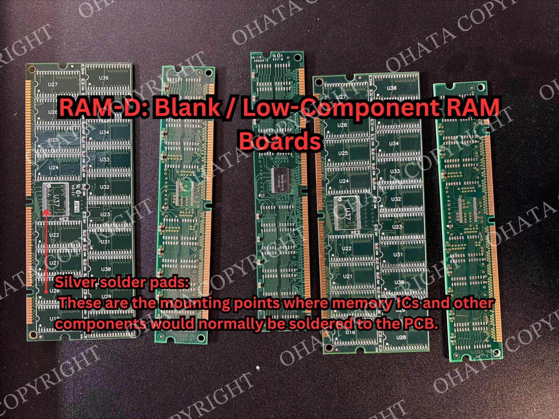Several RAM-D boards with most memory ICs removed, exposing rows of silver solder pads and retaining gold-plated edge contacts.