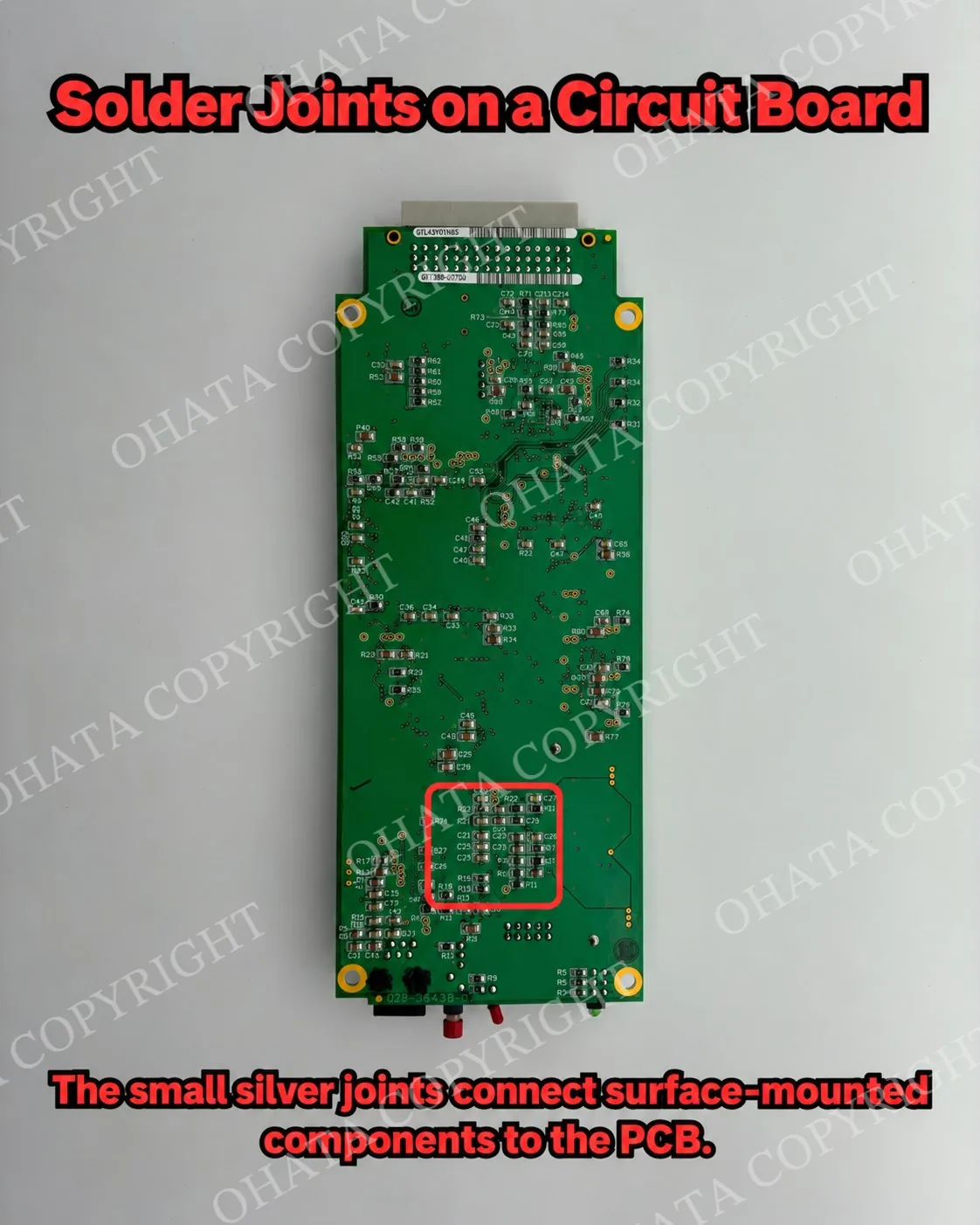 Green circuit board with a highlighted group of small surface-mount solder joints connecting electronic components to the PCB.
