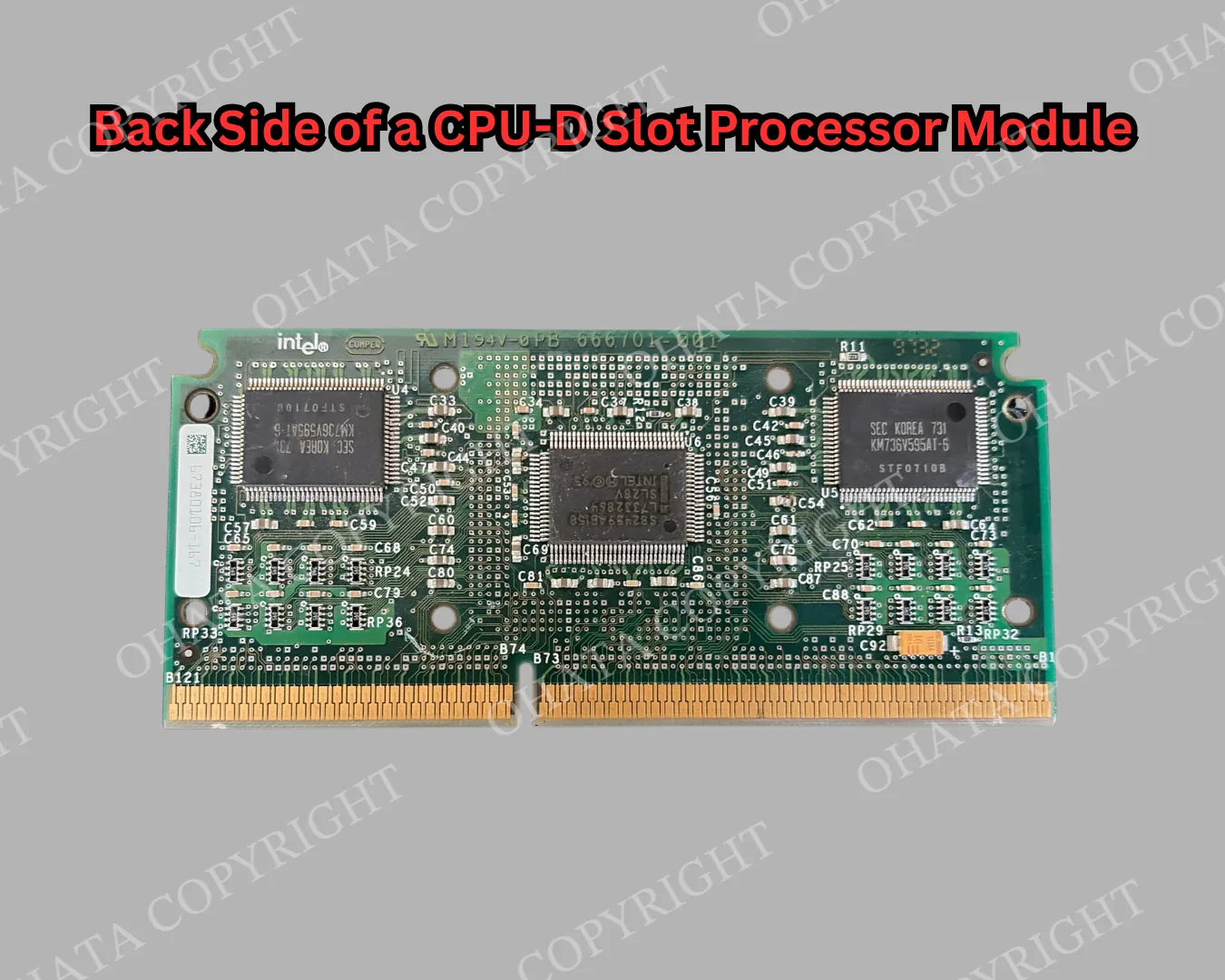 Back side of a CPU-D slot processor module showing supporting ICs, board traces, and the gold-finger edge connector.