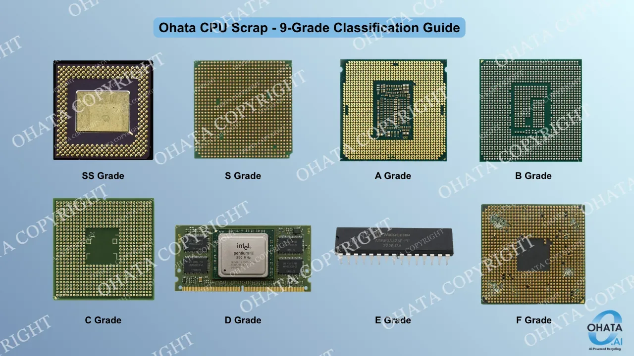 Ohata CPU Scrap 9-Grade Classification Guide showing examples of CPU grades SS, S, A, B, C, D, E, and F.