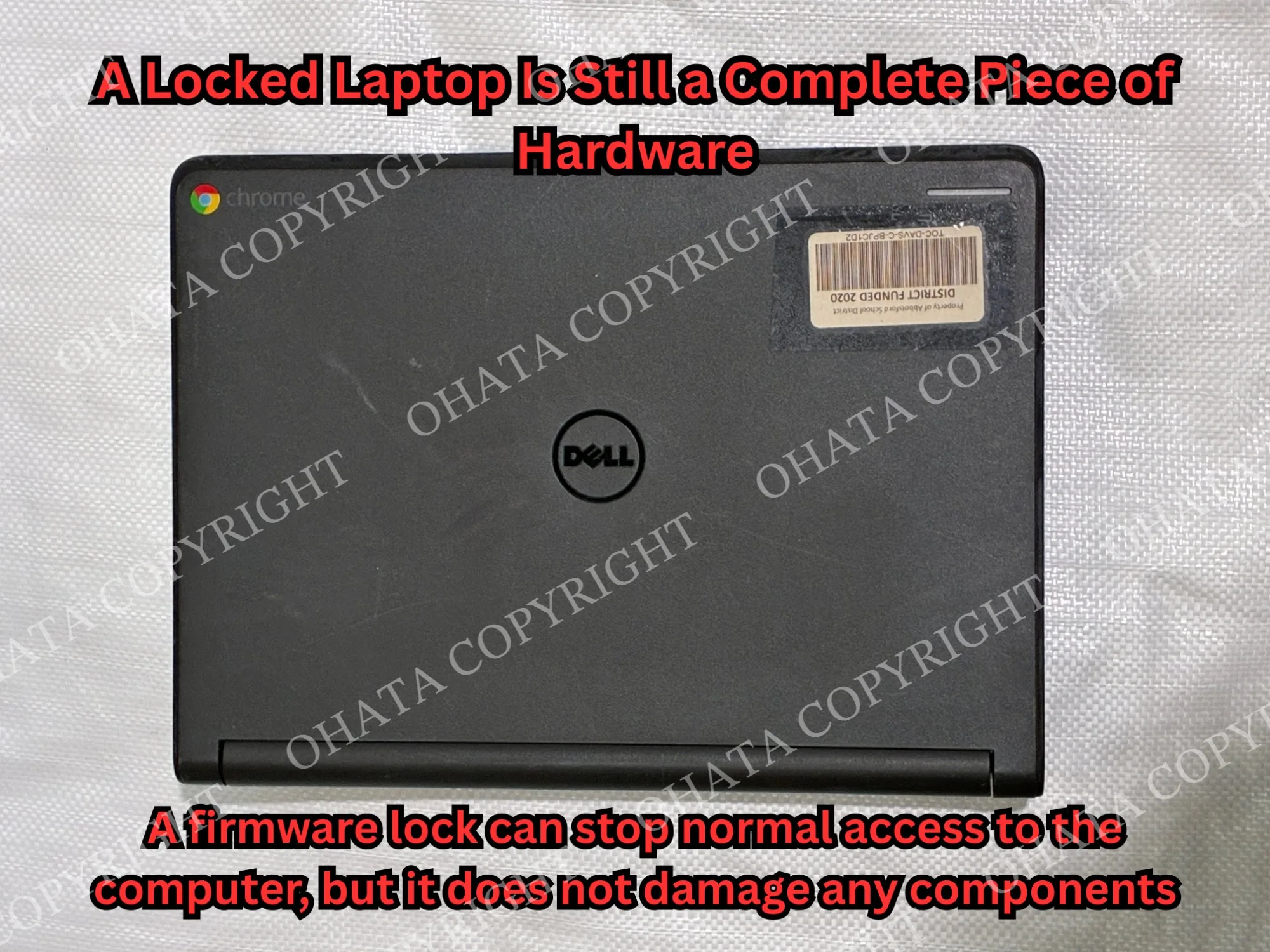 Closed Dell Chromebook used to illustrate that a firmware lock does not physically damage the laptop or remove its internal hardware.
