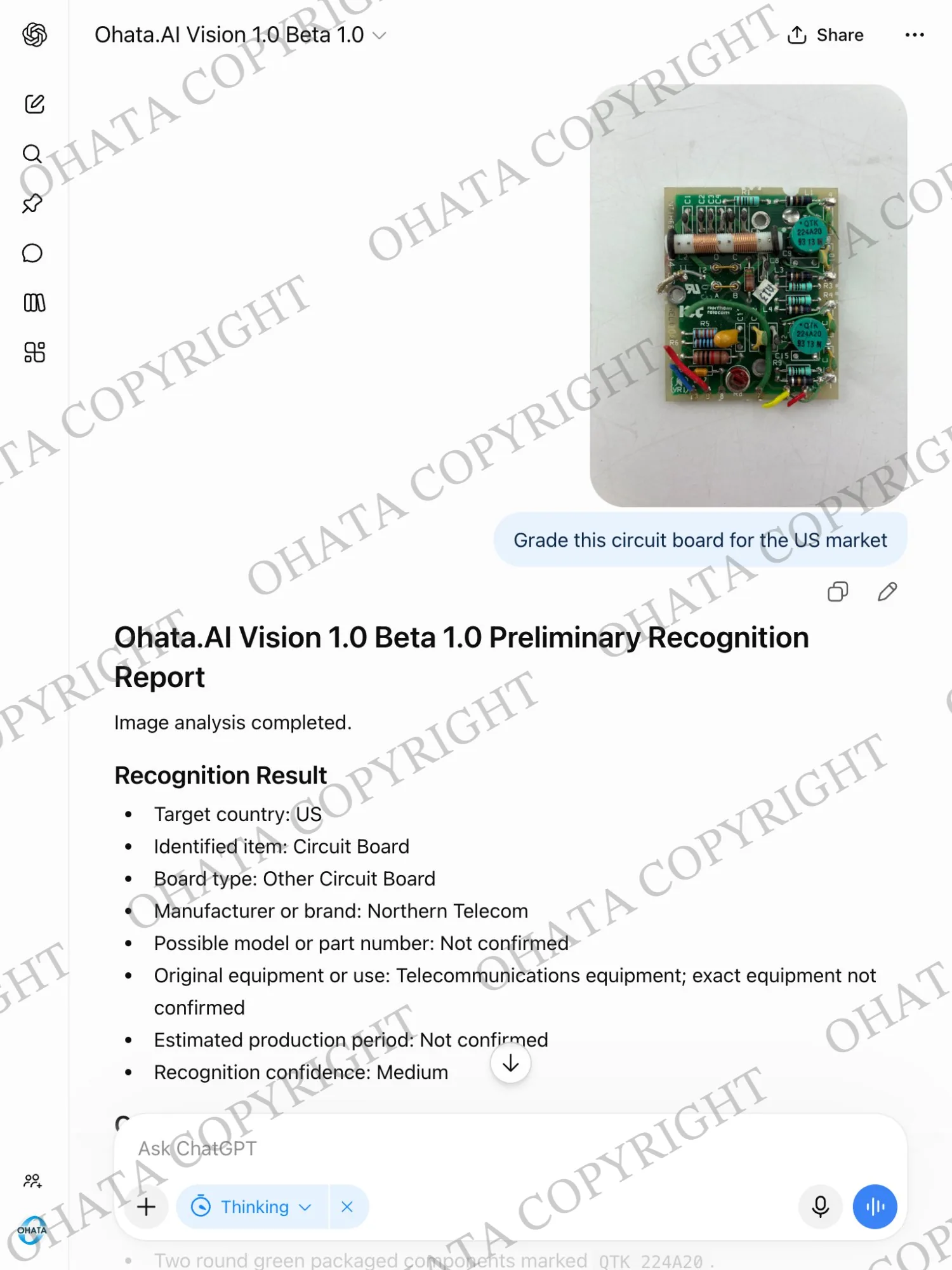 Ohata.AI Vision preliminary recognition report identifying front-and-back photographs of a black compact desktop or all-in-one motherboard and listing its visible components.
