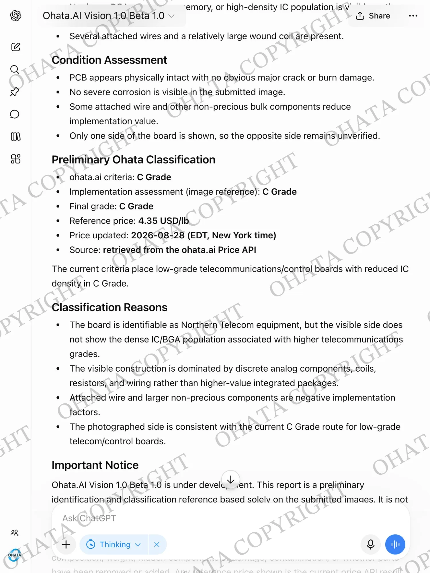 Ohata AI Vision preliminary classification showing the Northern Telecom circuit board as C Grade with condition and classification notes.