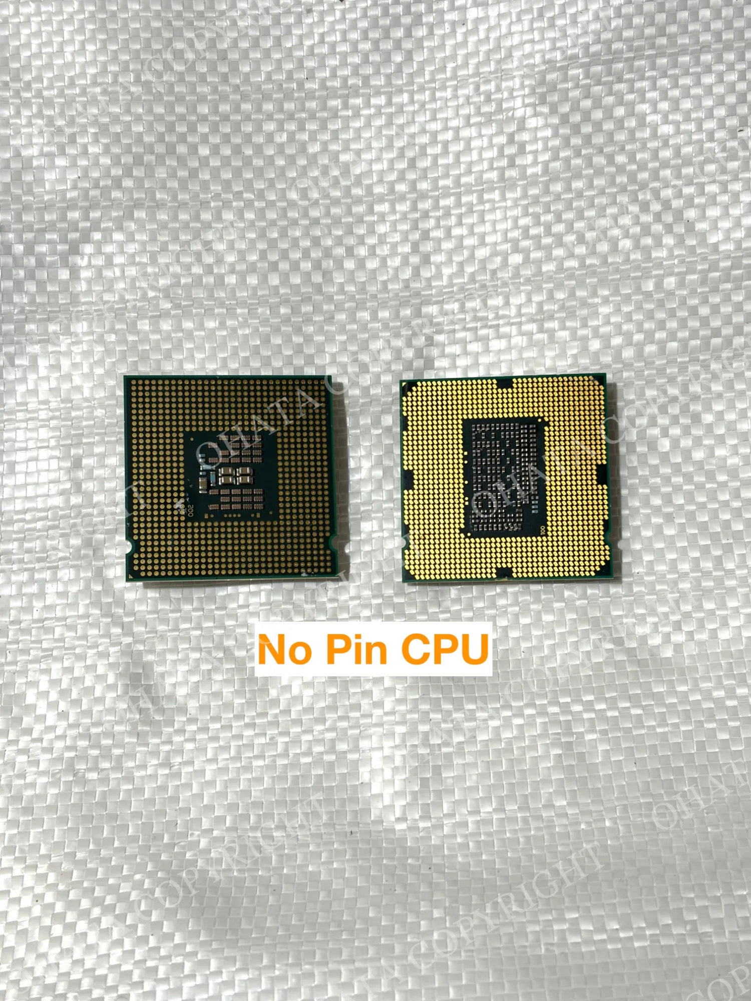 Two LGA processors showing arrays of flat contact pads.