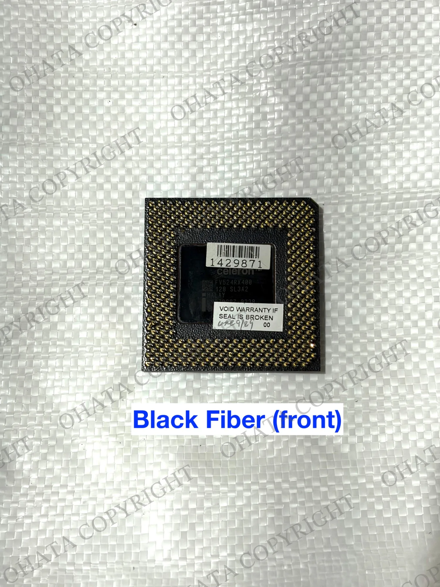 Black CPU package with projecting pins surrounding central Celeron markings.