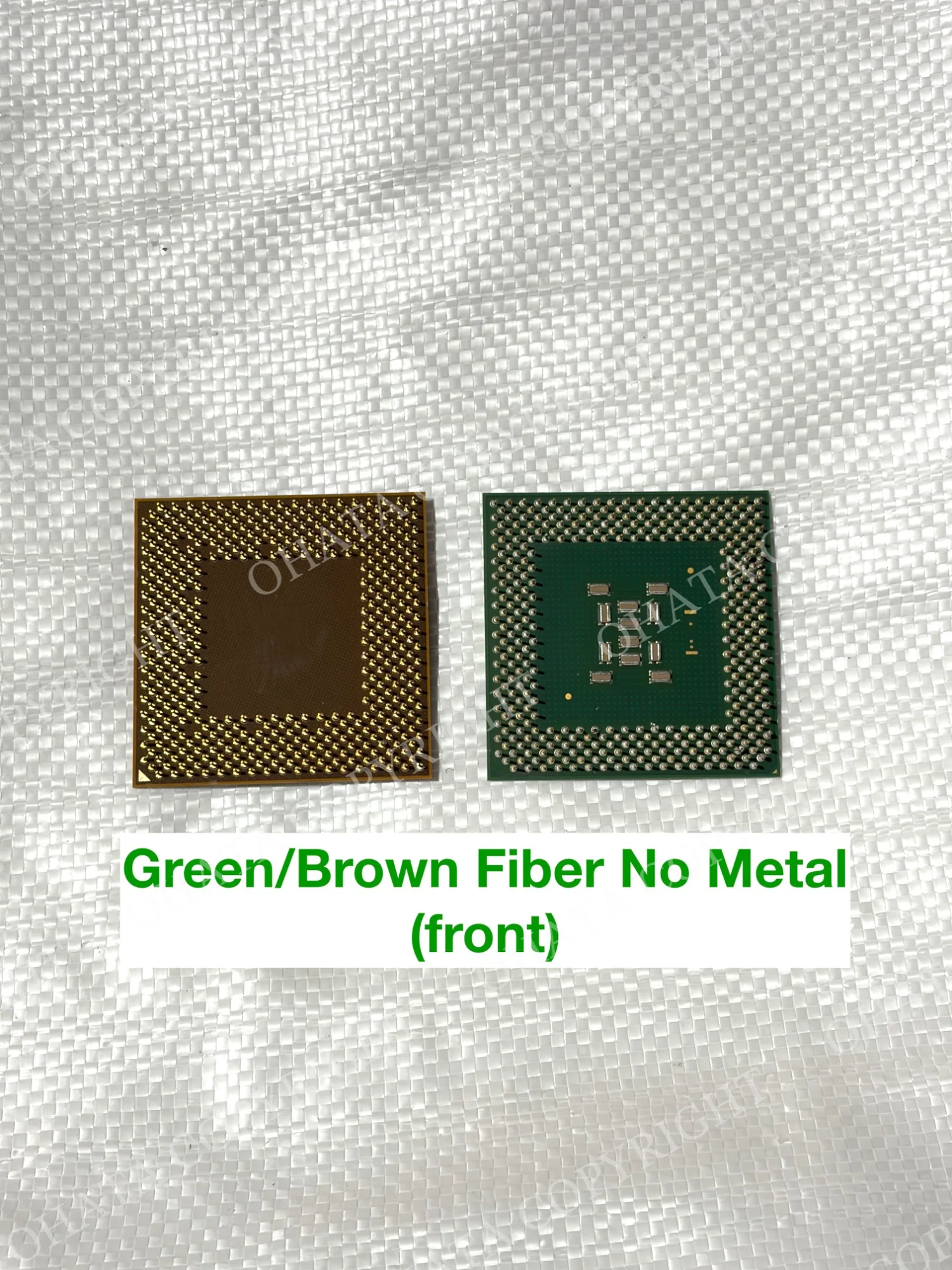 Pin-side views of brown and green CPU packages with projecting contacts.