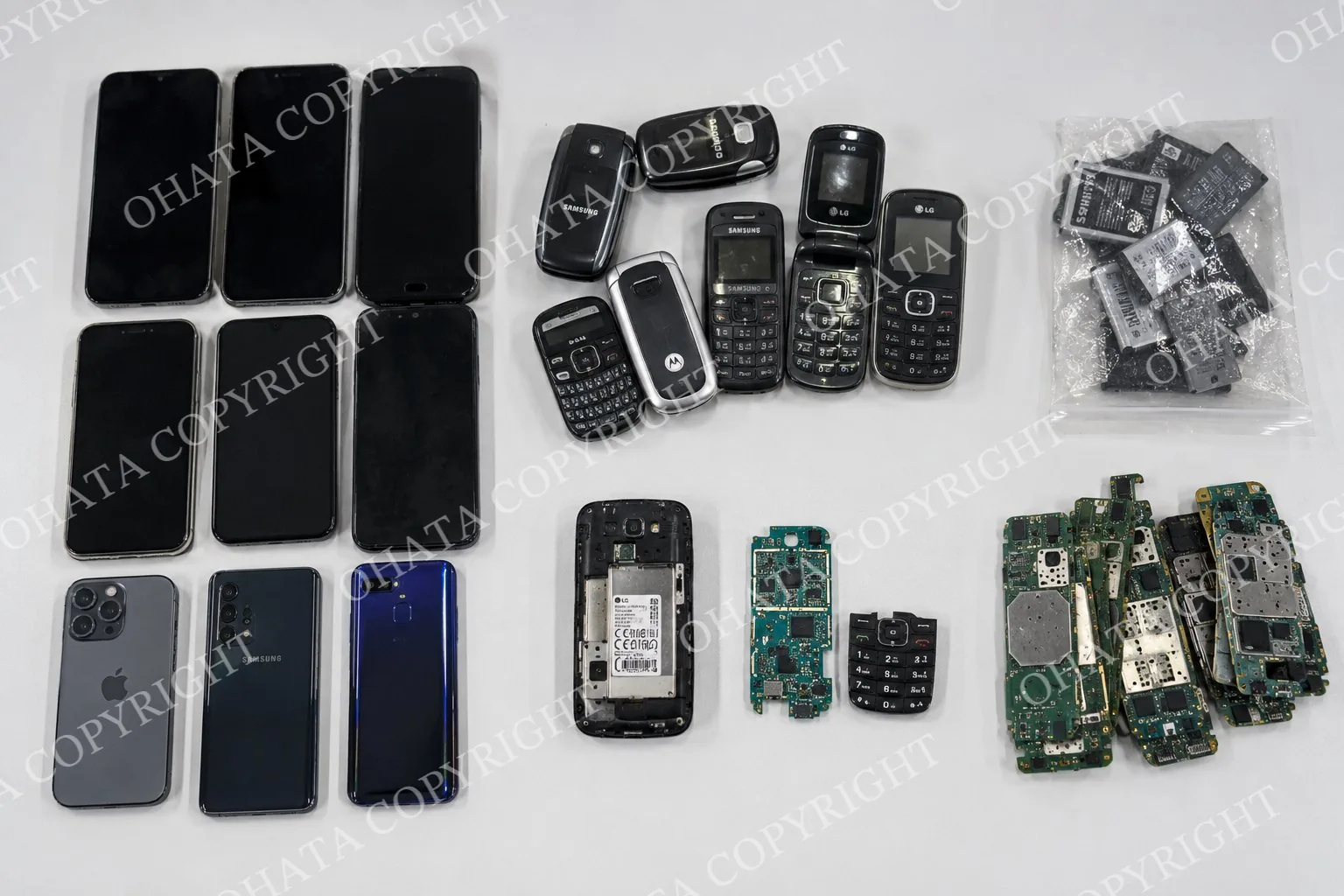 Smartphones and non-smart mobile phones separated into different groups for inspection