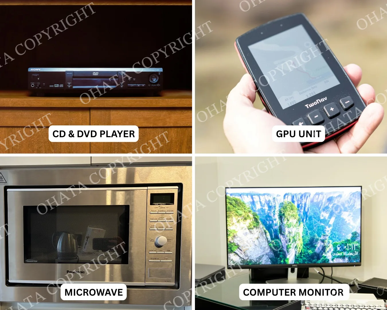 Examples of electronics for free recycling: a CD/DVD player, GPS unit, microwave and computer monitor
