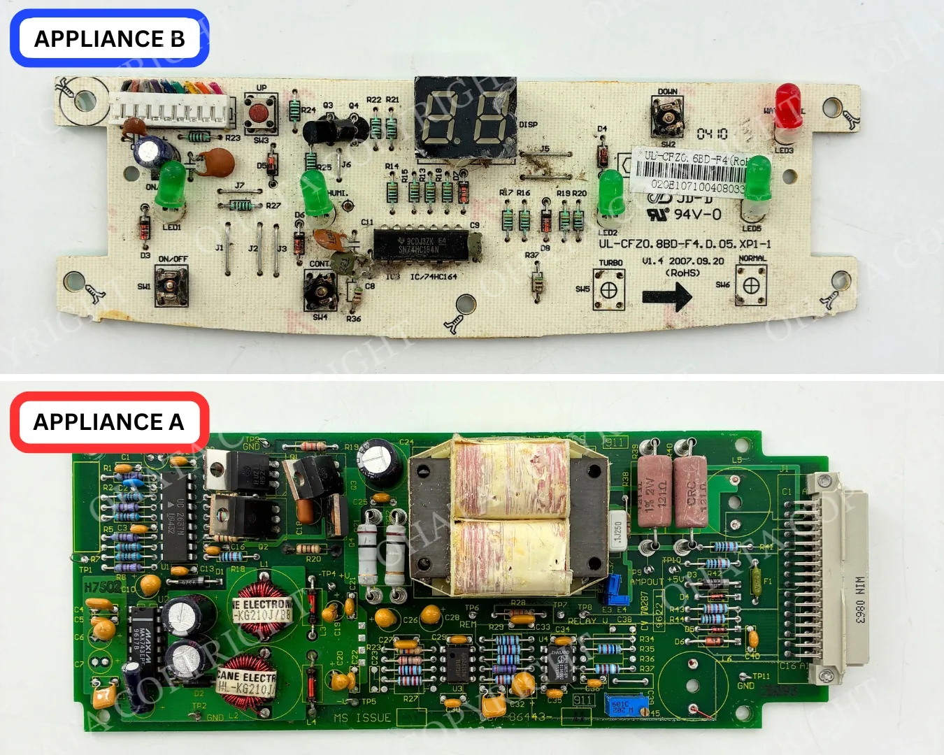 Appliance B board beside an Appliance A board for comparison of IC density, PCB layout, and power components.