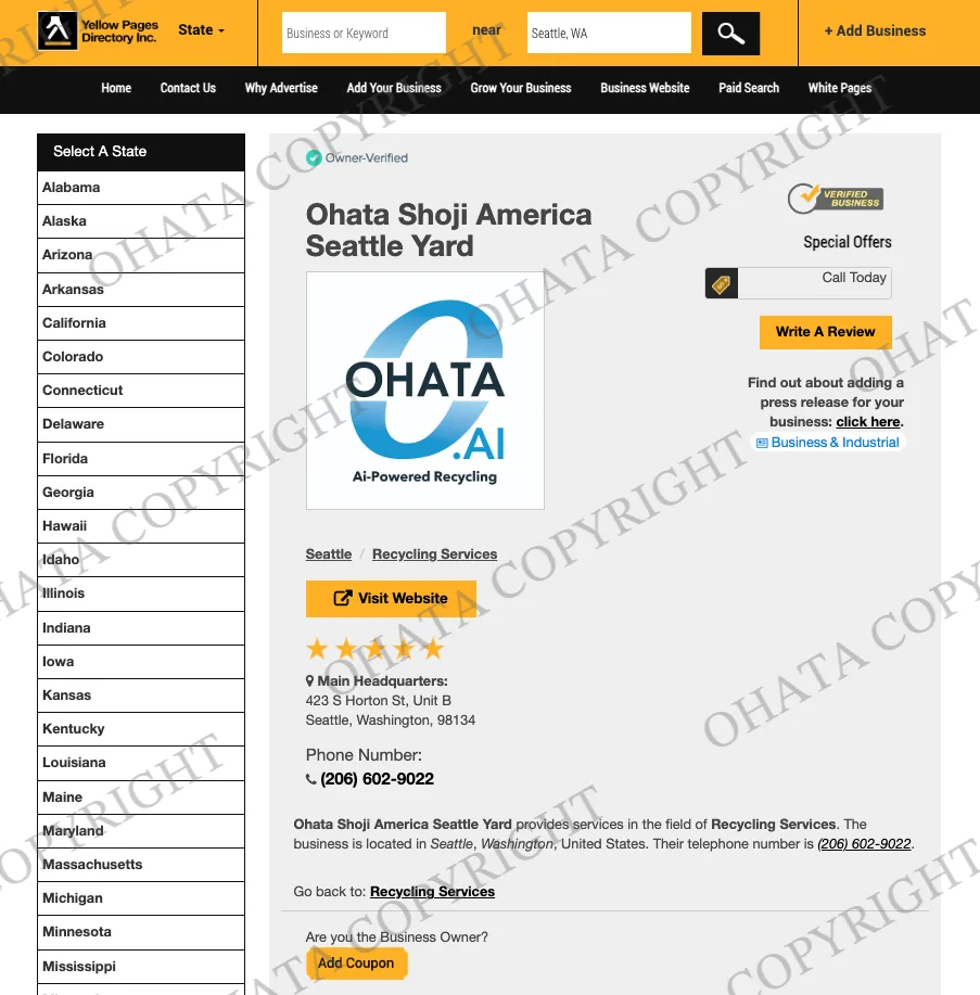 Yellow Pages Directory listing for Ohata Shoji America Seattle Yard in Seattle, Washington.
