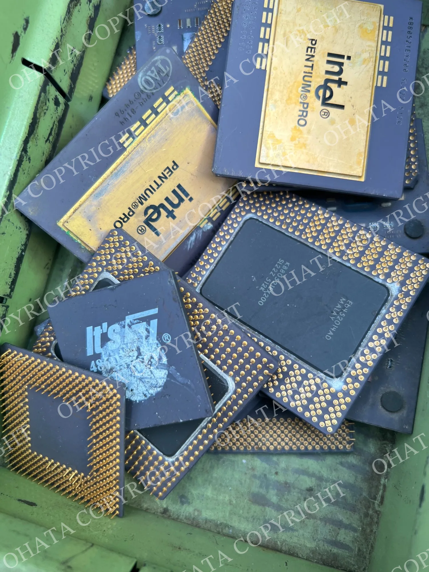 Pile of older ceramic CPUs with gold-colored lids and dense rows of gold-plated pins visible on their undersides.