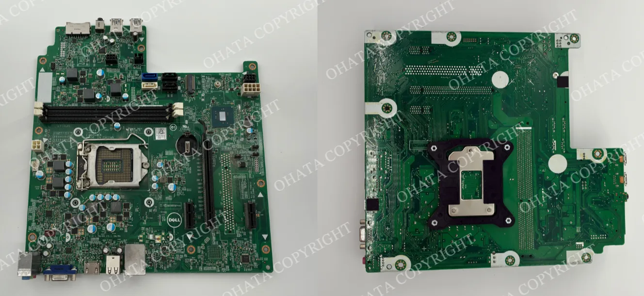 Front-and-back photographs of a green Dell Tahoe MT MB 14088-1 desktop motherboard with its CPU socket, memory slots, expansion slots, rear ports, connectors, and metal socket backplate visible.