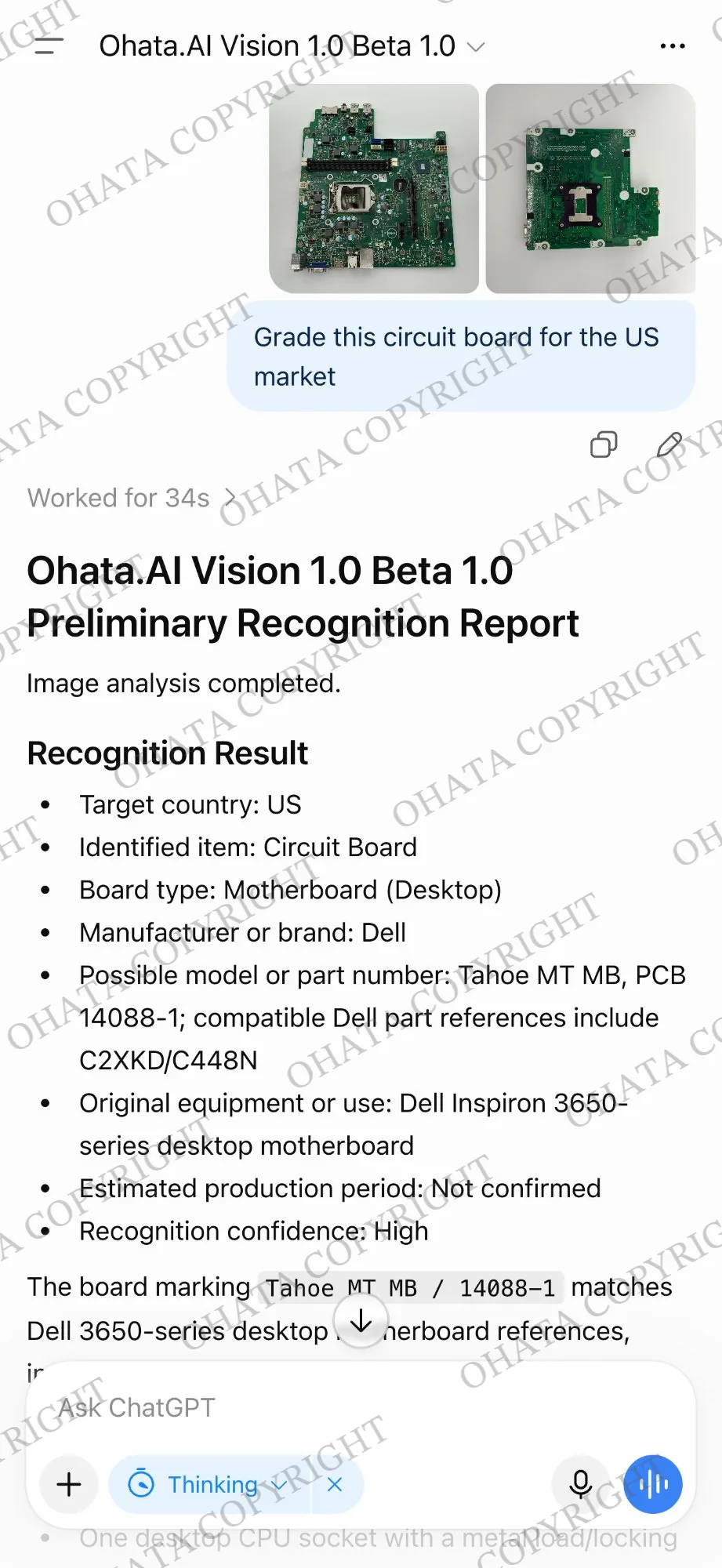 Ohata.ai Vision preliminary report identifying the photographed item as a Dell desktop motherboard and suggesting Tahoe MT MB PCB 14088-1 as a possible model marking.