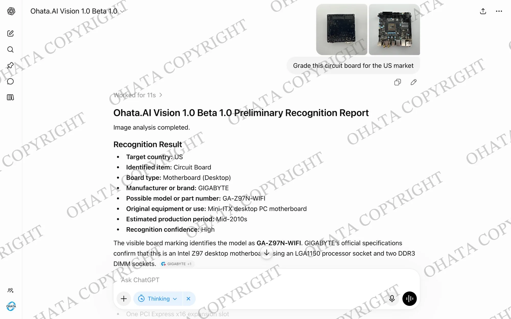 Ohata AI Vision preliminary recognition report identifying a photographed GIGABYTE desktop motherboard and listing possible model information.