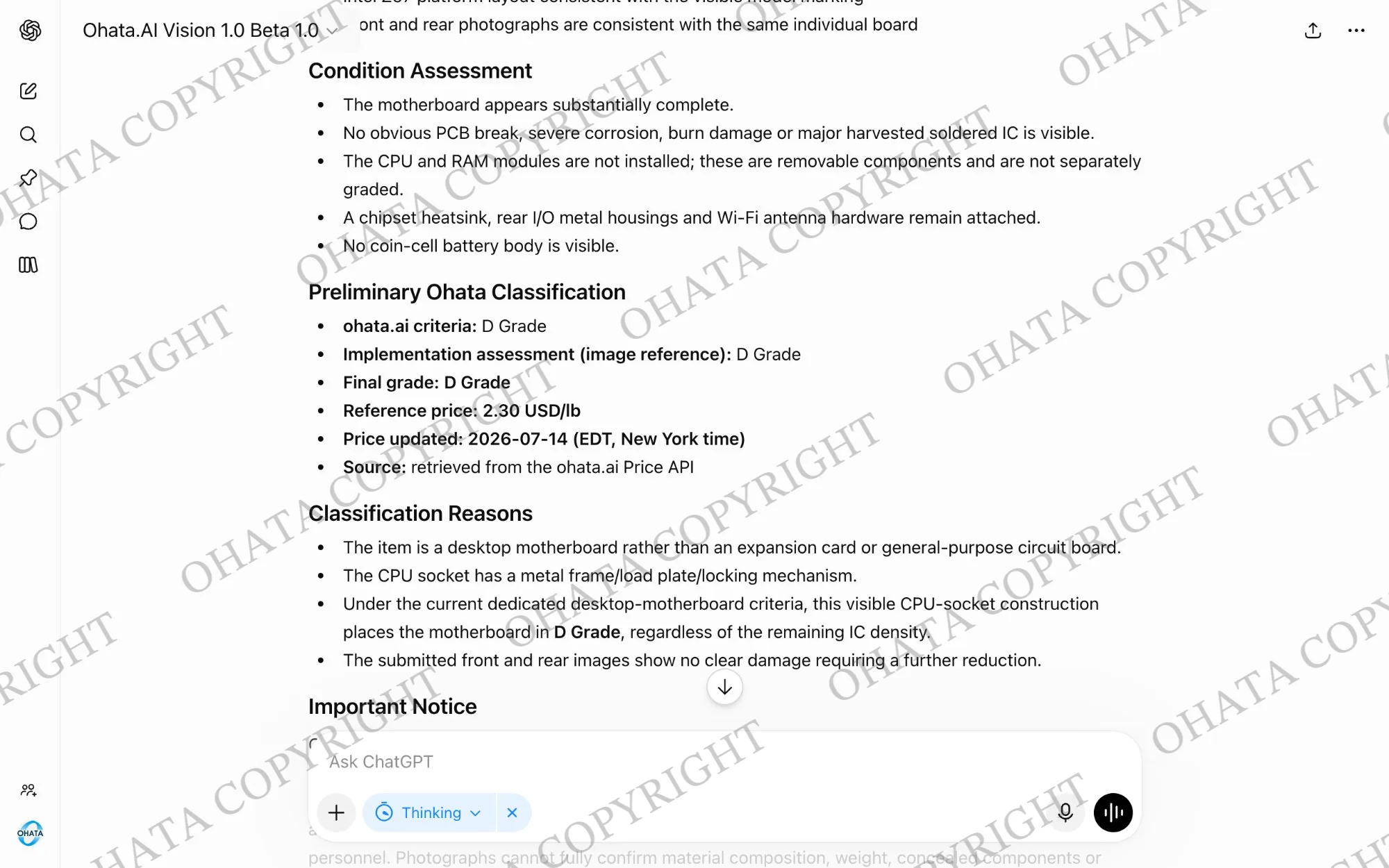 Ohata AI Vision screenshot showing the motherboard’s condition assessment and a preliminary D Grade classification.