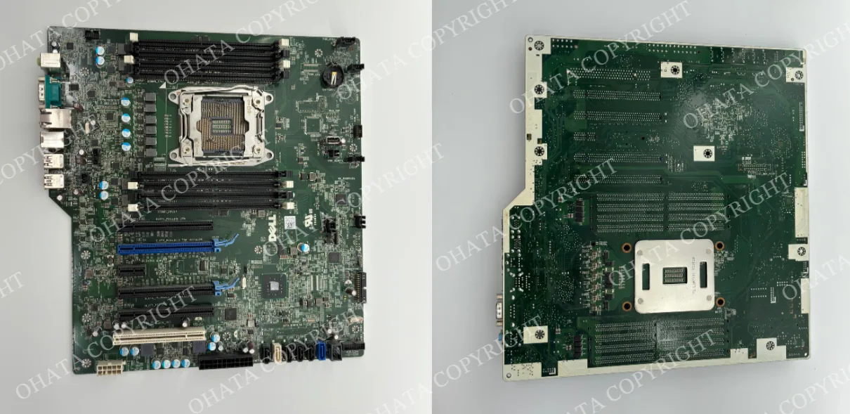 Front and back photographs of a Dell Precision desktop motherboard submitted to Ohata AI Vision for identification.