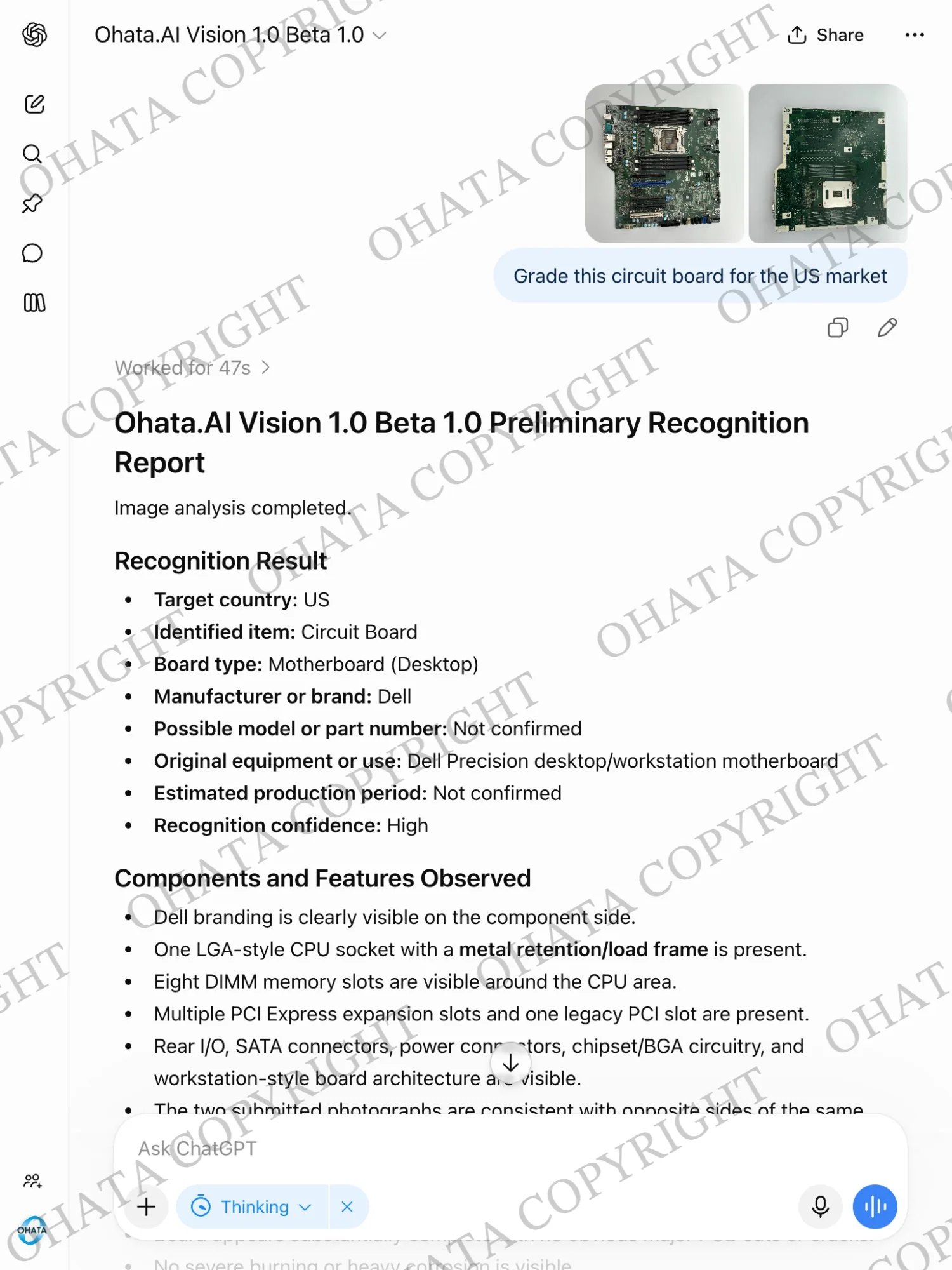 Ohata.ai Vision preliminary report identifying the photographed item as a Dell desktop workstation motherboard.