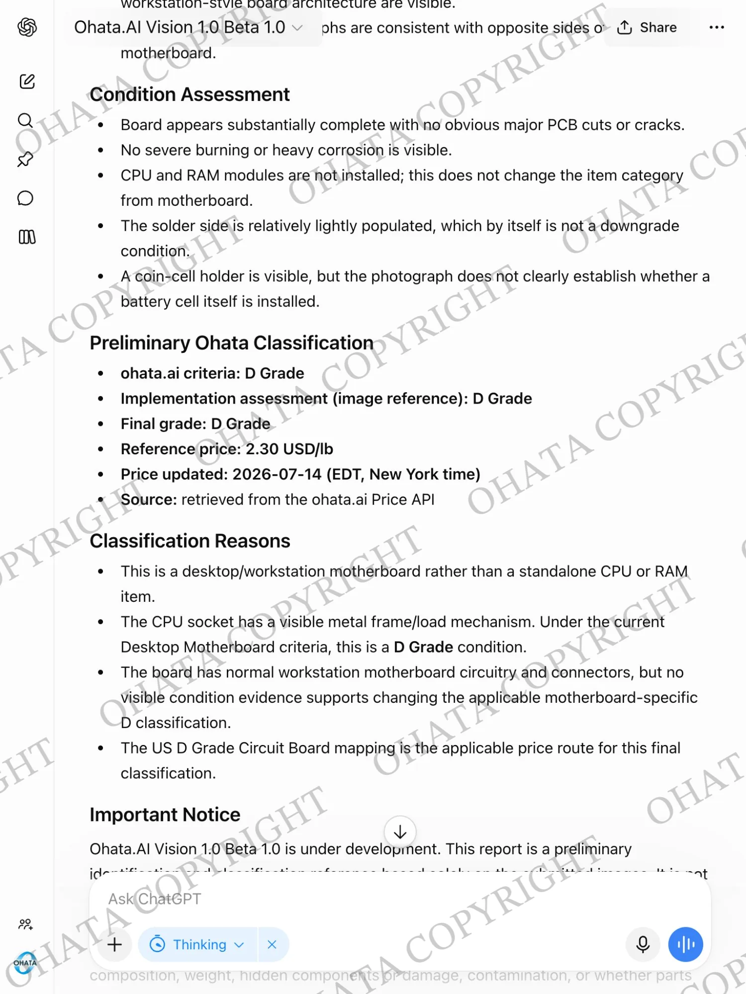 Ohata AI Vision report showing a preliminary D Grade classification and noting that no severe burning or heavy corrosion is visible.
