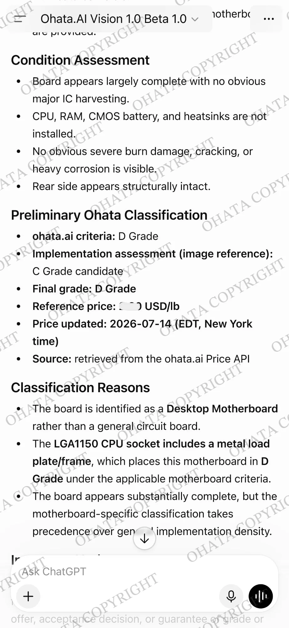 Ohata.ai Vision preliminary recognition report identifying the board as a GIGABYTE GA-Z97MX-Gaming 5 Rev. 1.0 desktop motherboard and classifying it as D Grade Board Scrap.