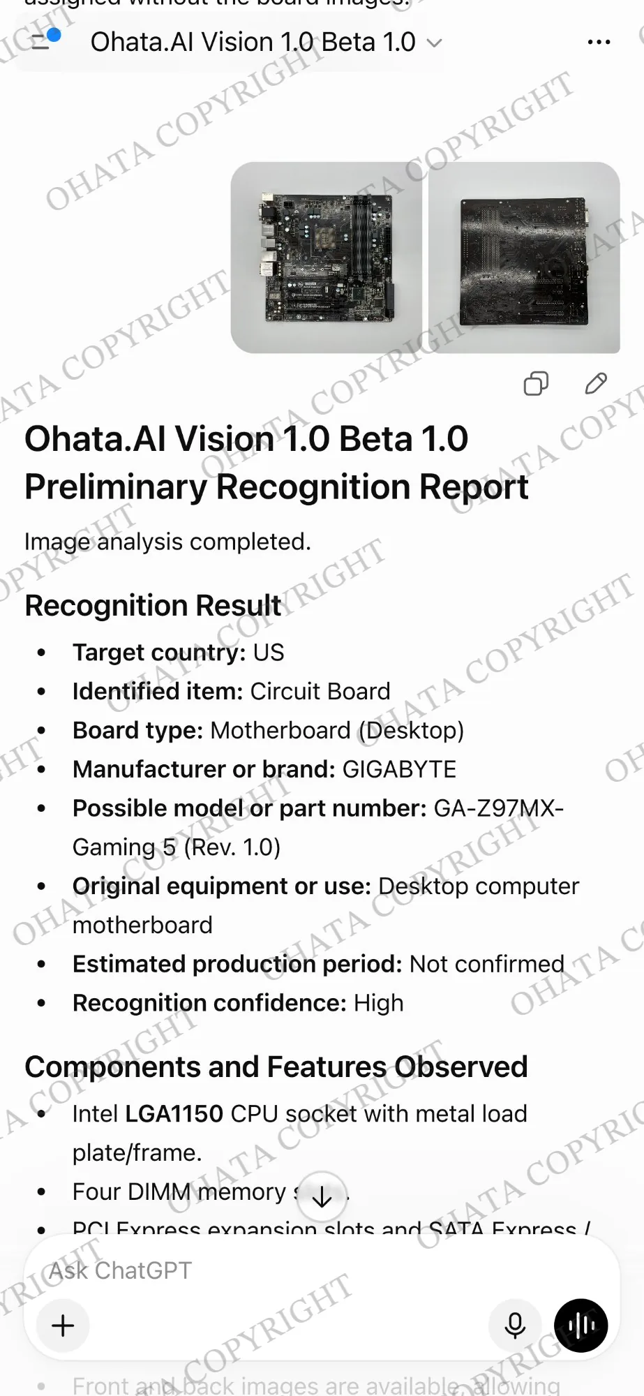 Front and rear photos of a GIGABYTE GA-Z97MX-Gaming 5 Rev. 1.0 motherboard uploaded to Ohata.ai Vision for identification.