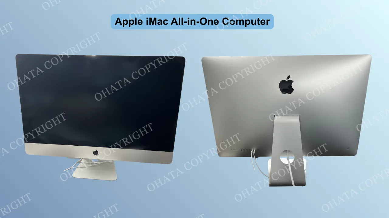 Front and rear views of an Apple iMac all-in-one computer showing the built-in display, aluminum housing, stand, and rear computer enclosure.
