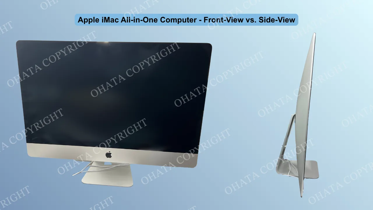 Front and side views of a thin Apple iMac all-in-one computer showing the integrated display housing and aluminum stand.