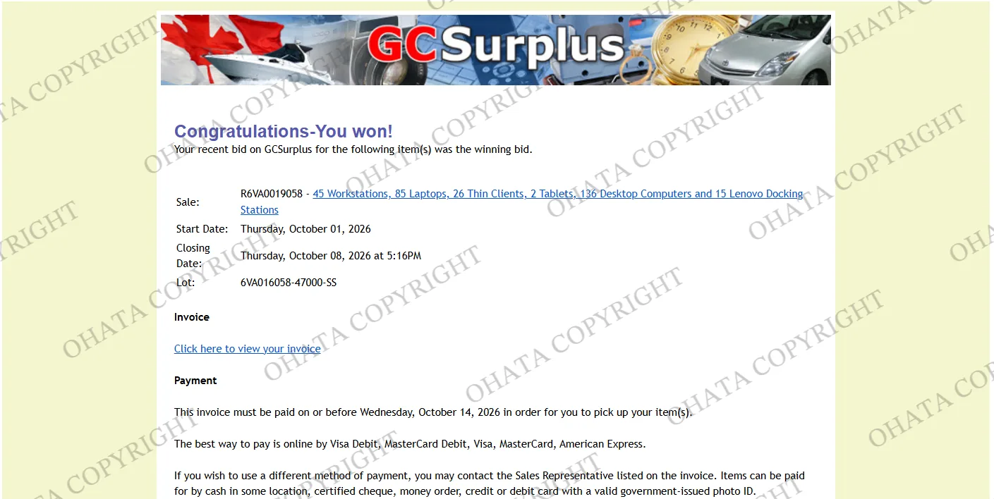 The winning-bid notification from GC Surplus